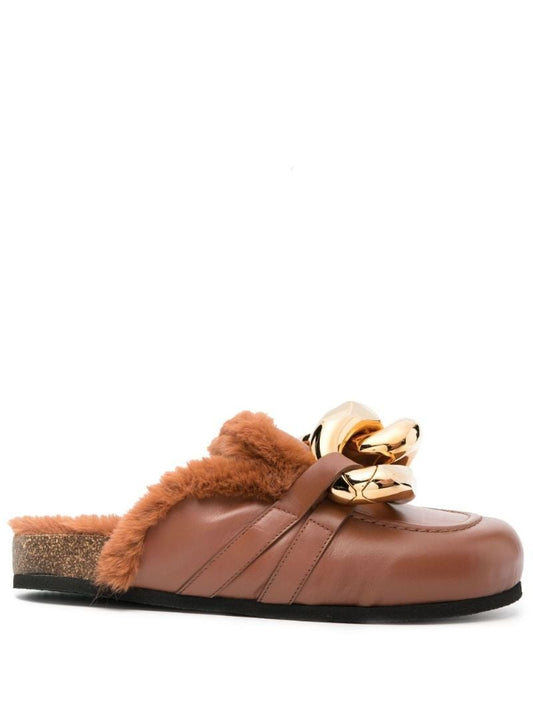 Brown Shearling Chain Loafer Mules