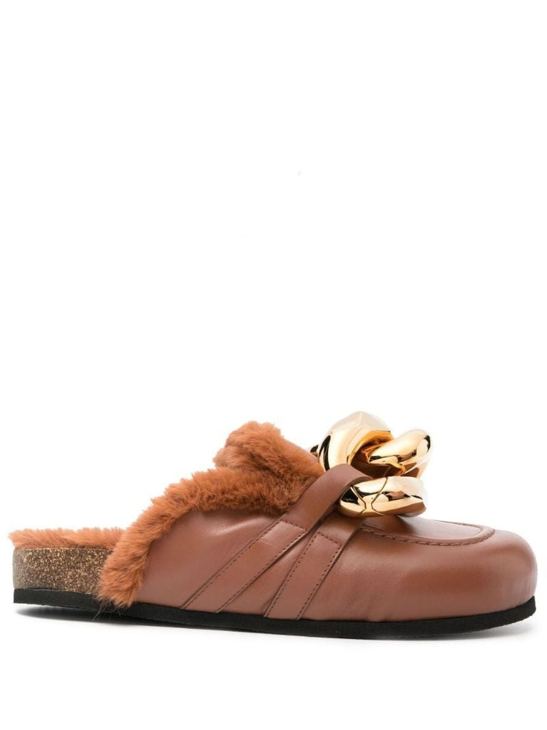 Brown Shearling Chain Loafer Mules