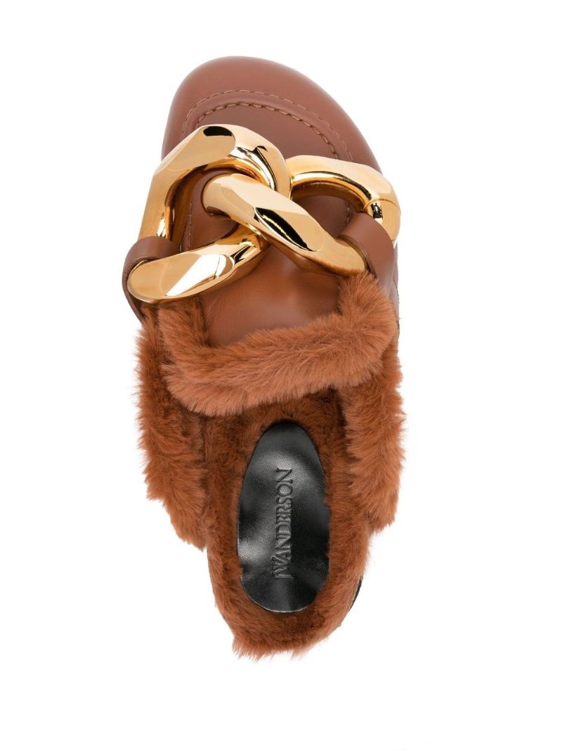 Brown Shearling Chain Loafer Mules