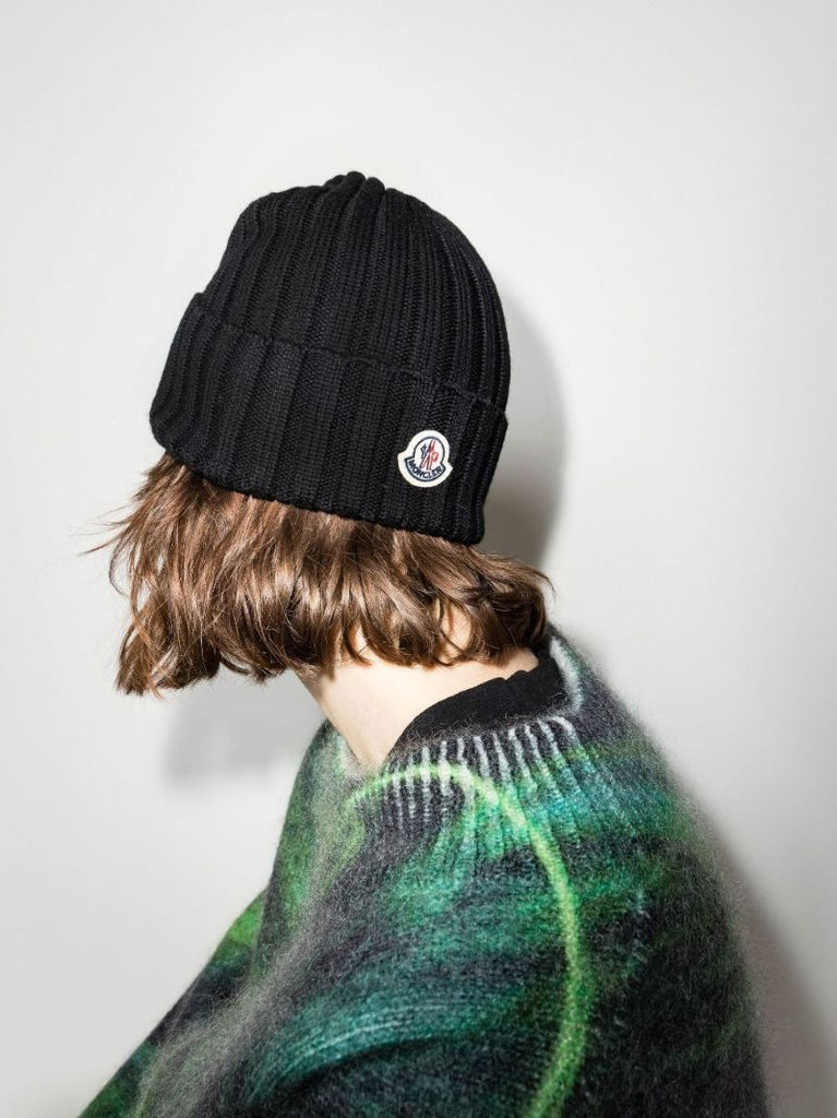 Black Logo Patch Wool Beanie Hat