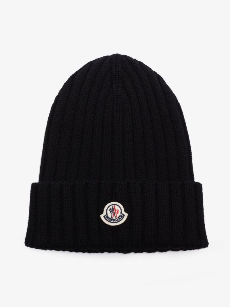 Black Logo Patch Wool Beanie Hat