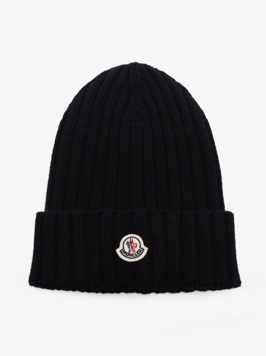 Black Logo Patch Wool Beanie Hat