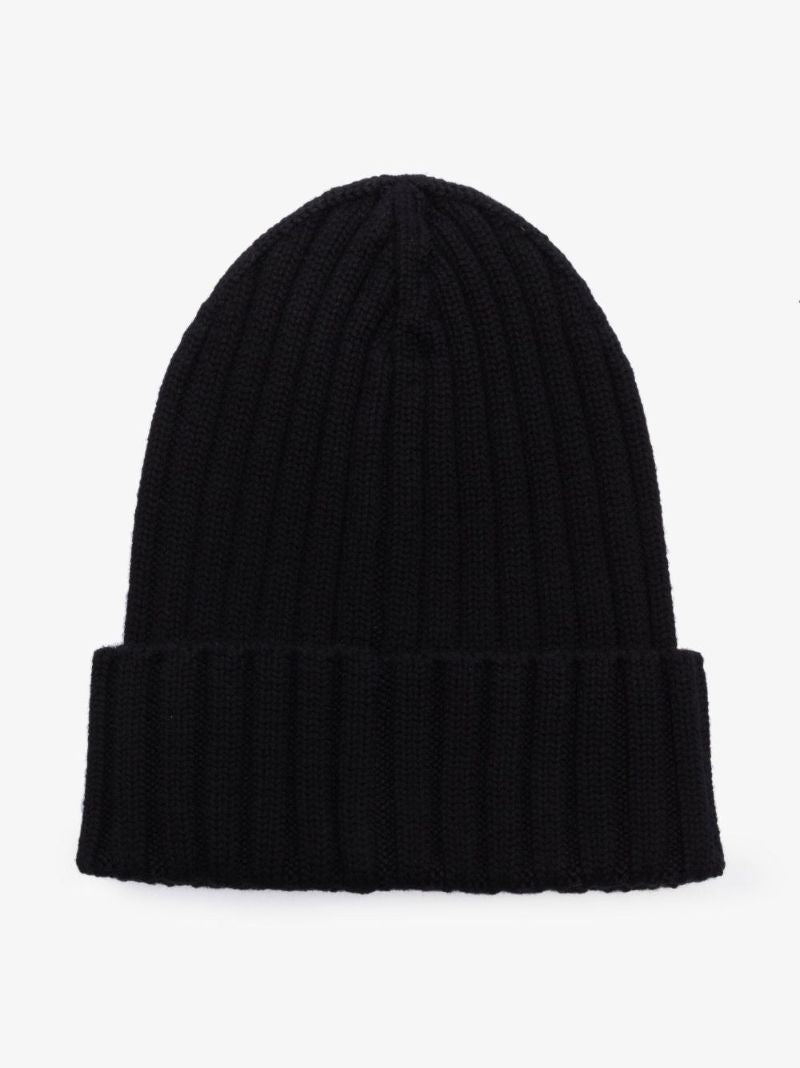 Black Logo Patch Wool Beanie Hat