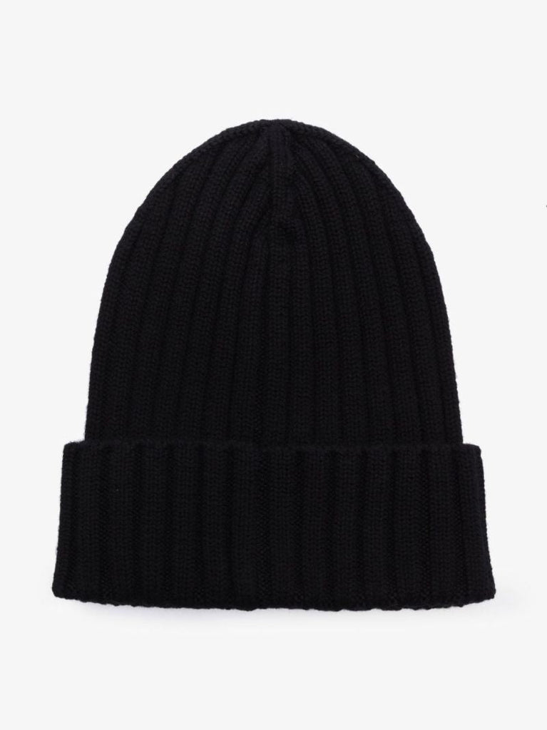 Black Logo Patch Wool Beanie Hat