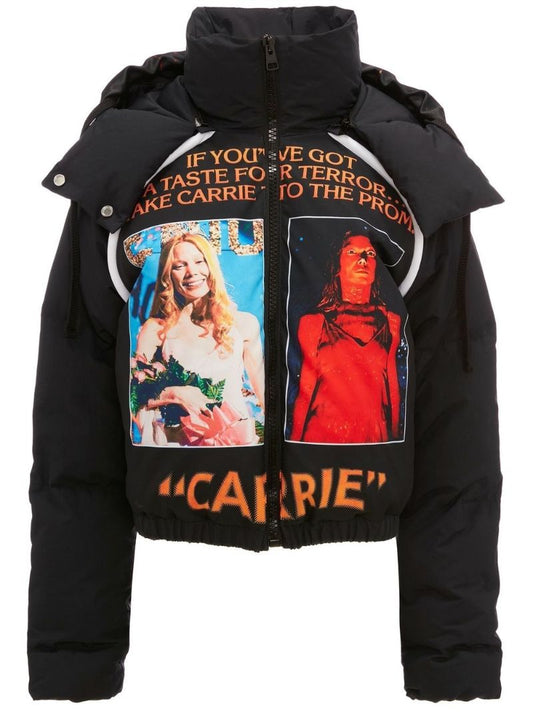 Black Carrie Poster Print Cropped Puffer Jacket