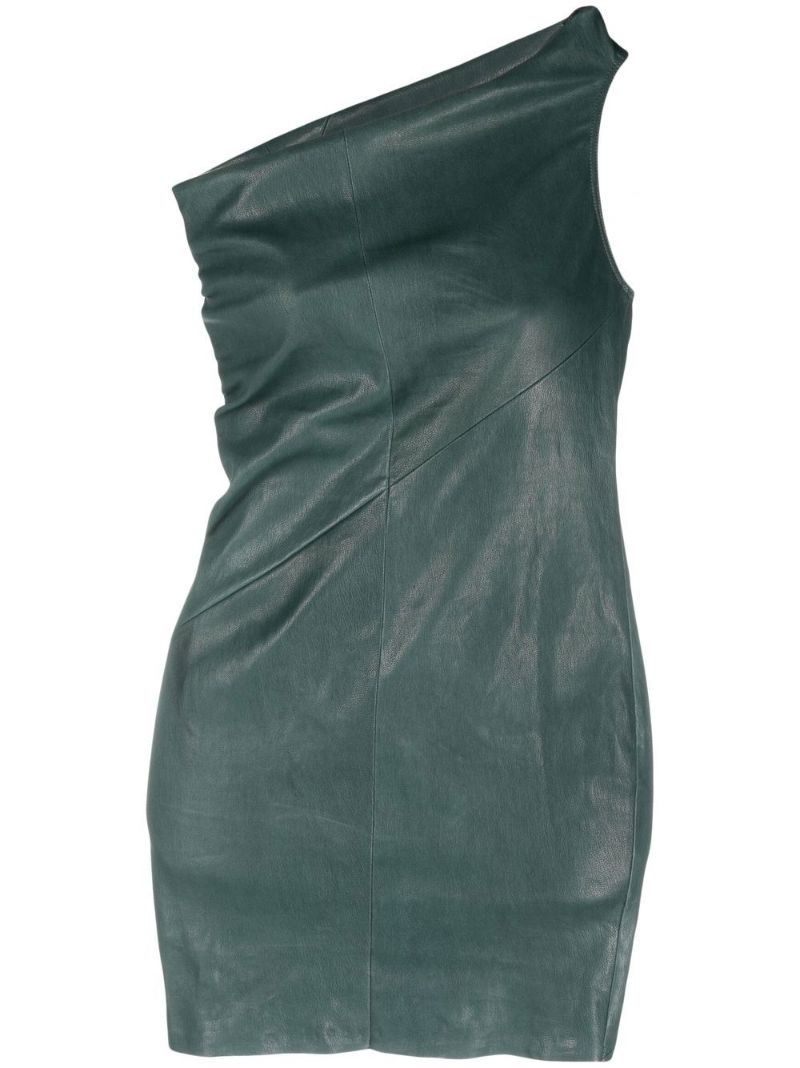 Green Athena One-shoulder Leather Mini Dress
