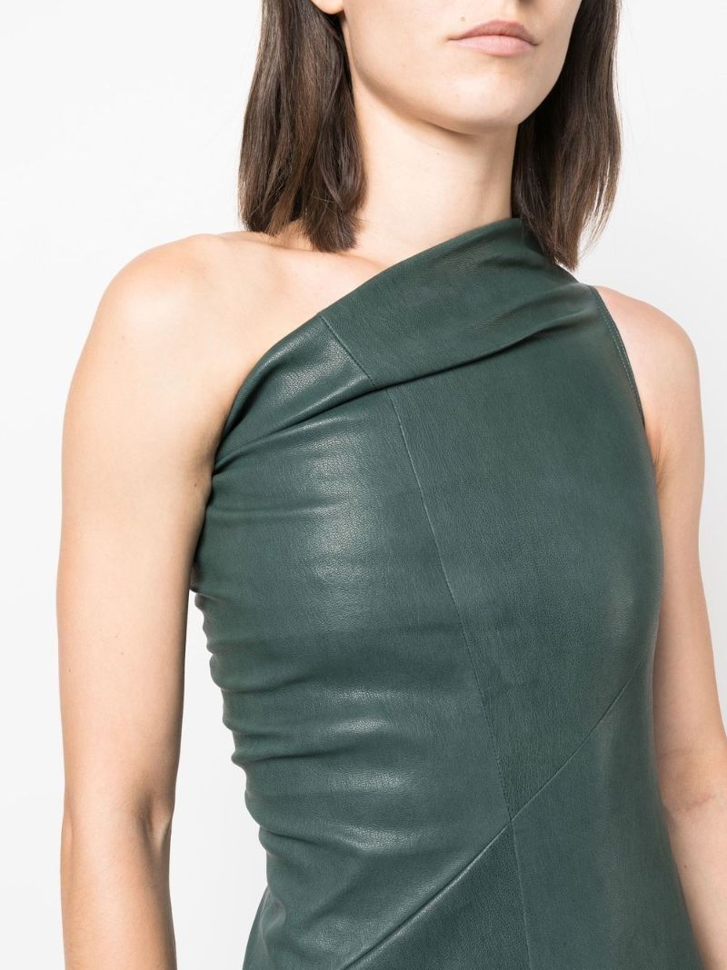 Green Athena One-shoulder Leather Mini Dress