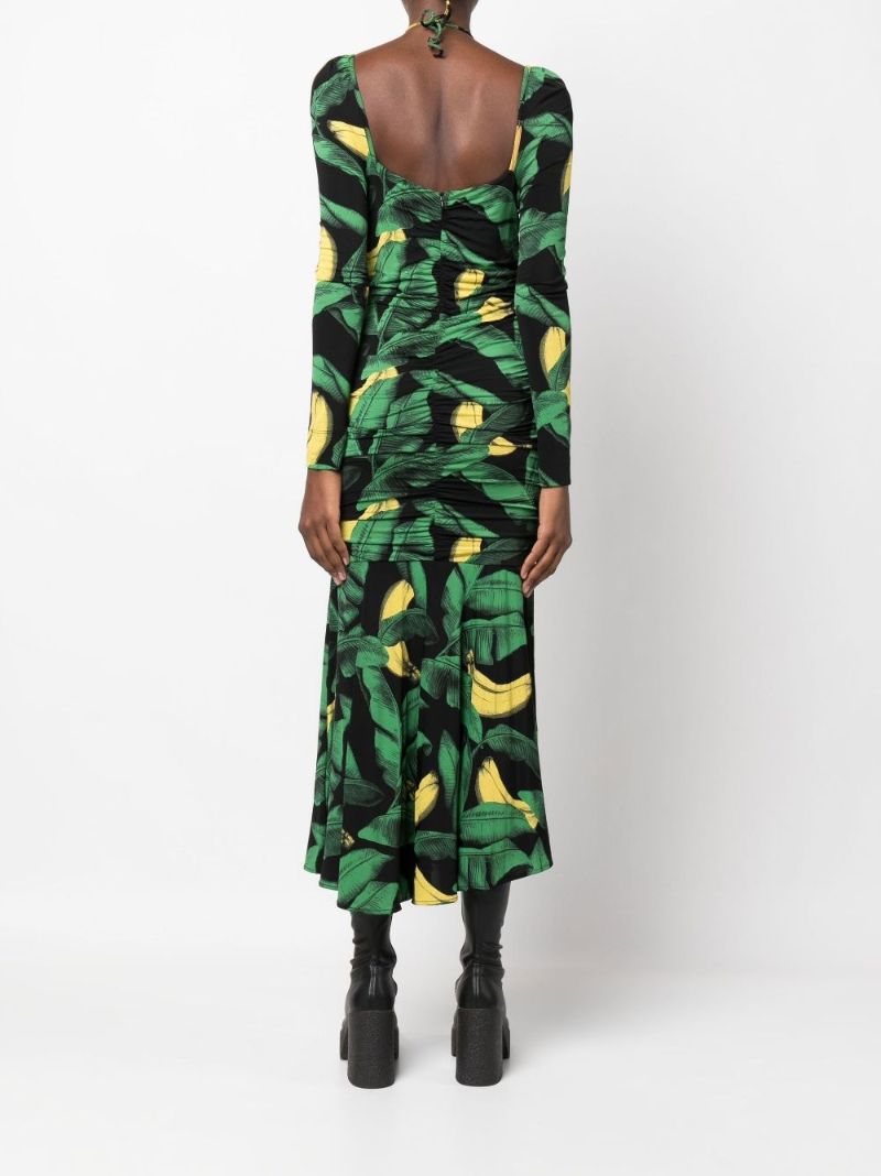 Black and Green Ruched Mesh Midi Dress