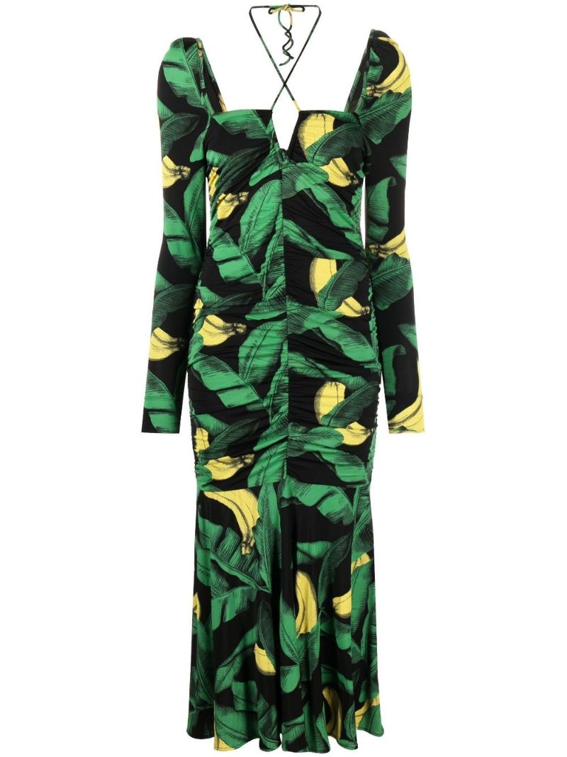 Black and Green Ruched Mesh Midi Dress