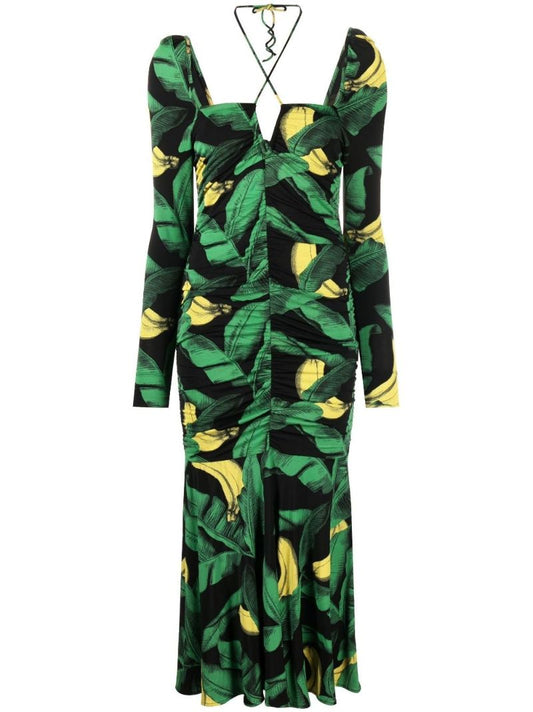 Black and Green Ruched Mesh Midi Dress