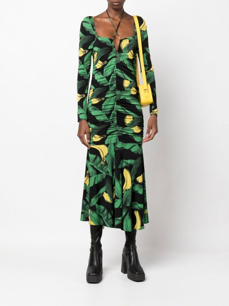 Black and Green Ruched Mesh Midi Dress