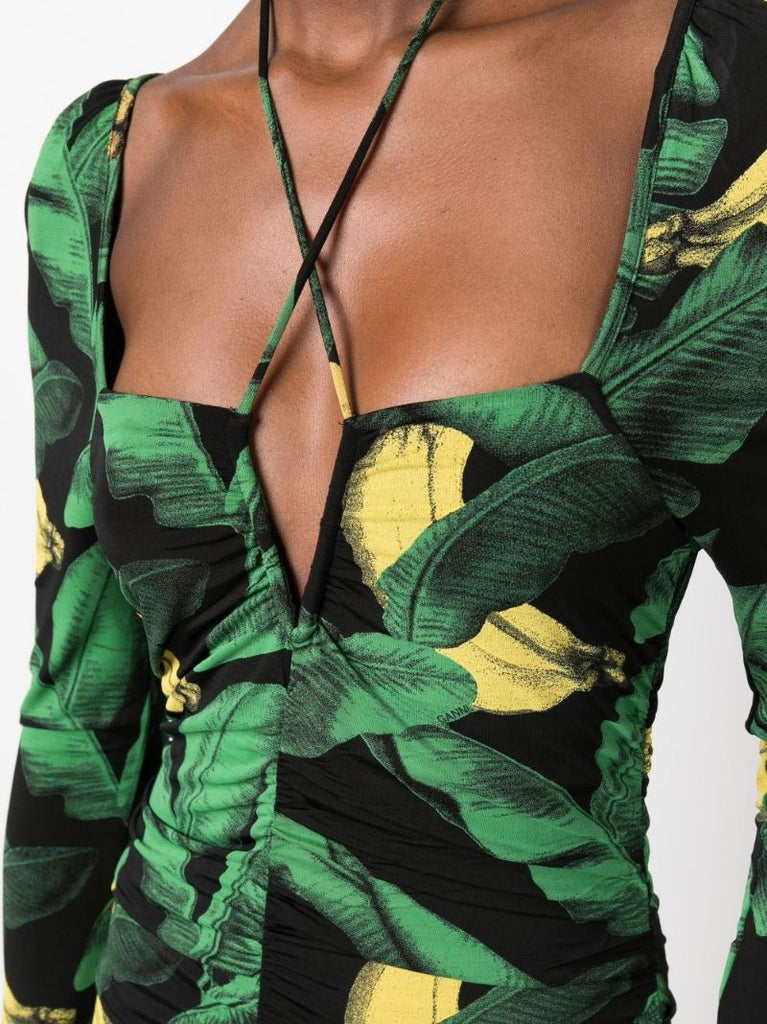 Black and Green Ruched Mesh Midi Dress