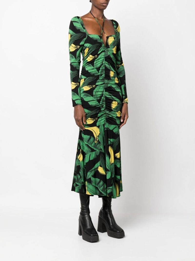 Black and Green Ruched Mesh Midi Dress