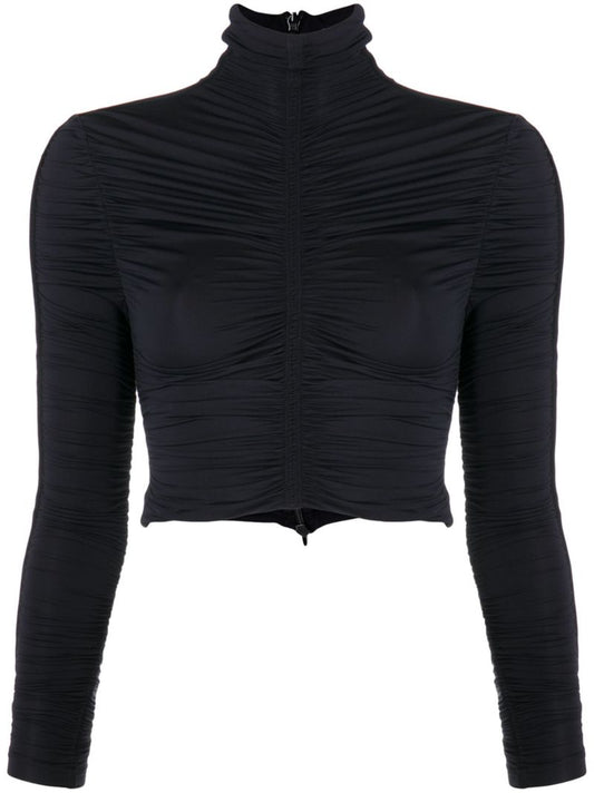 Black Ruched High Neck Cropped Top