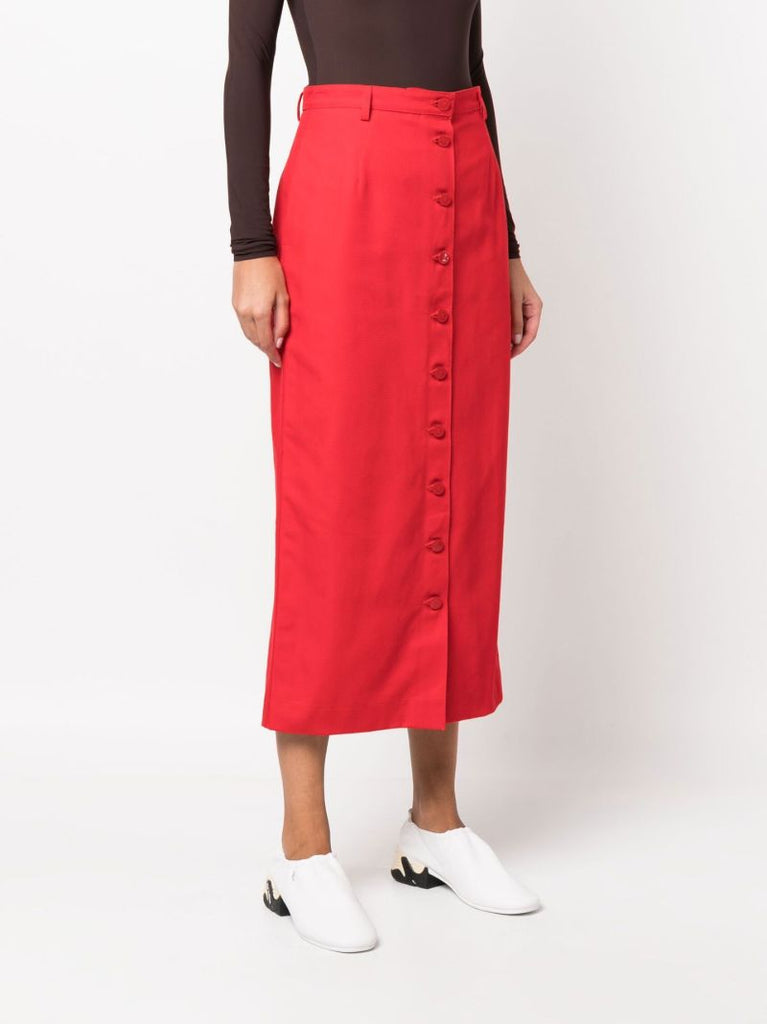 Red High Waist Cotton Midi Skirt