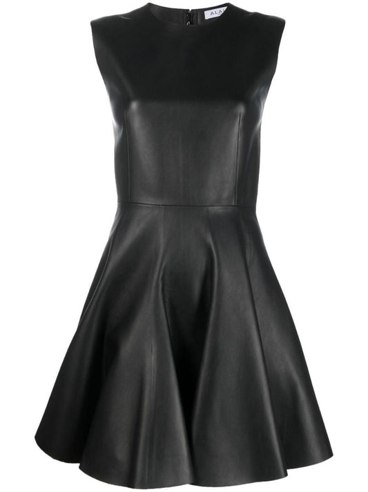 Black Sleeveless Leather Skater Dress
