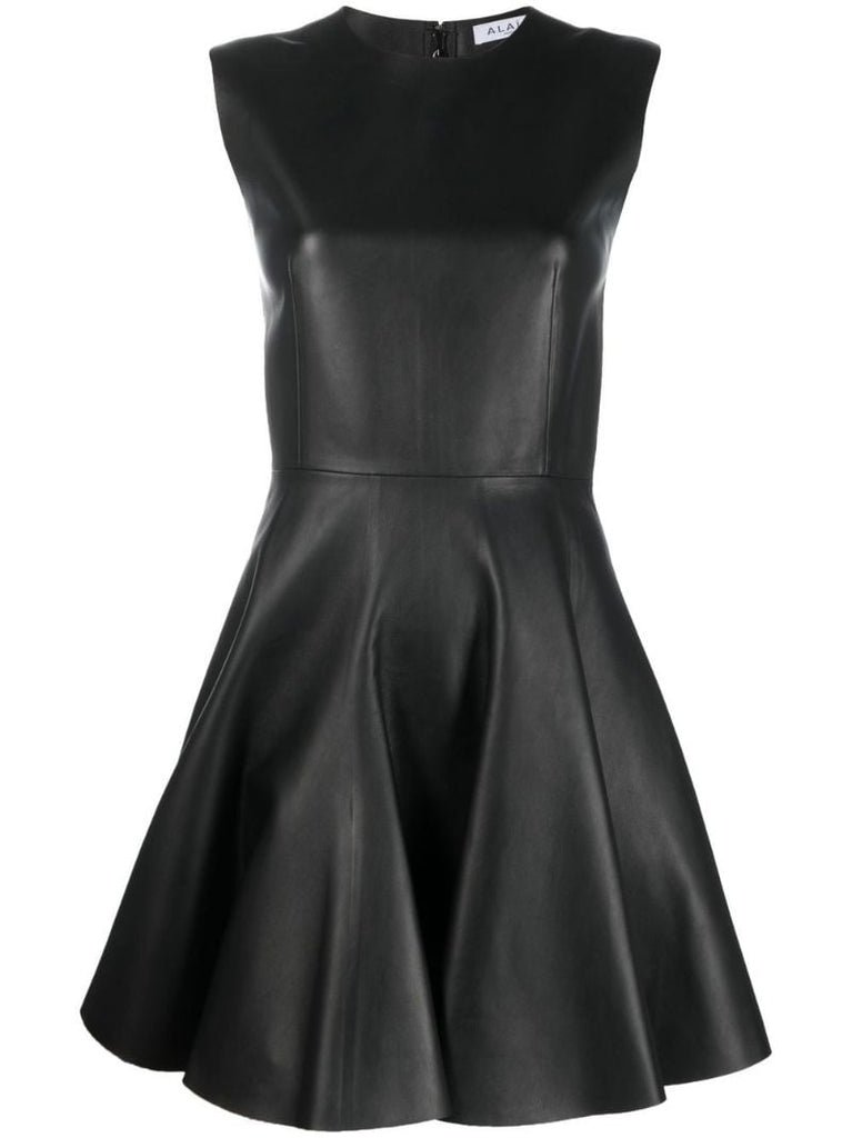 Black Sleeveless Leather Skater Dress