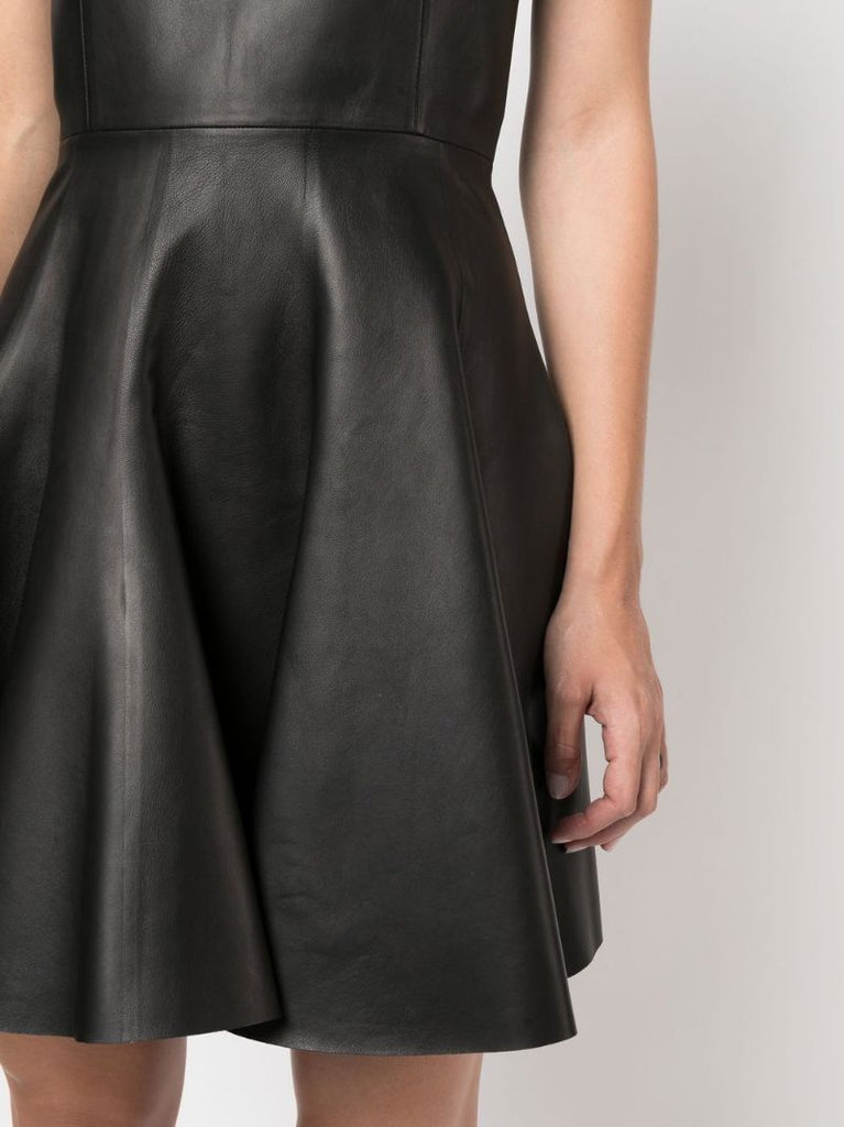 Black Sleeveless Leather Skater Dress