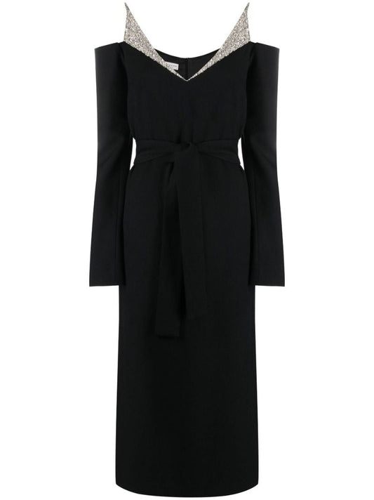 Black Delsa Crystal Off-the-shoulder Midi Dress