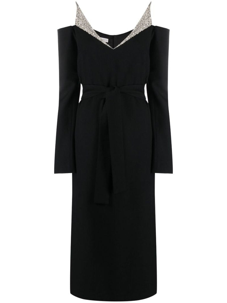 Black Delsa Crystal Off-the-shoulder Midi Dress