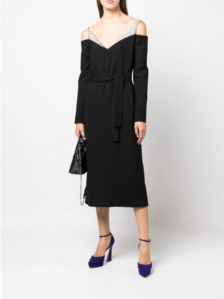 Black Delsa Crystal Off-the-shoulder Midi Dress