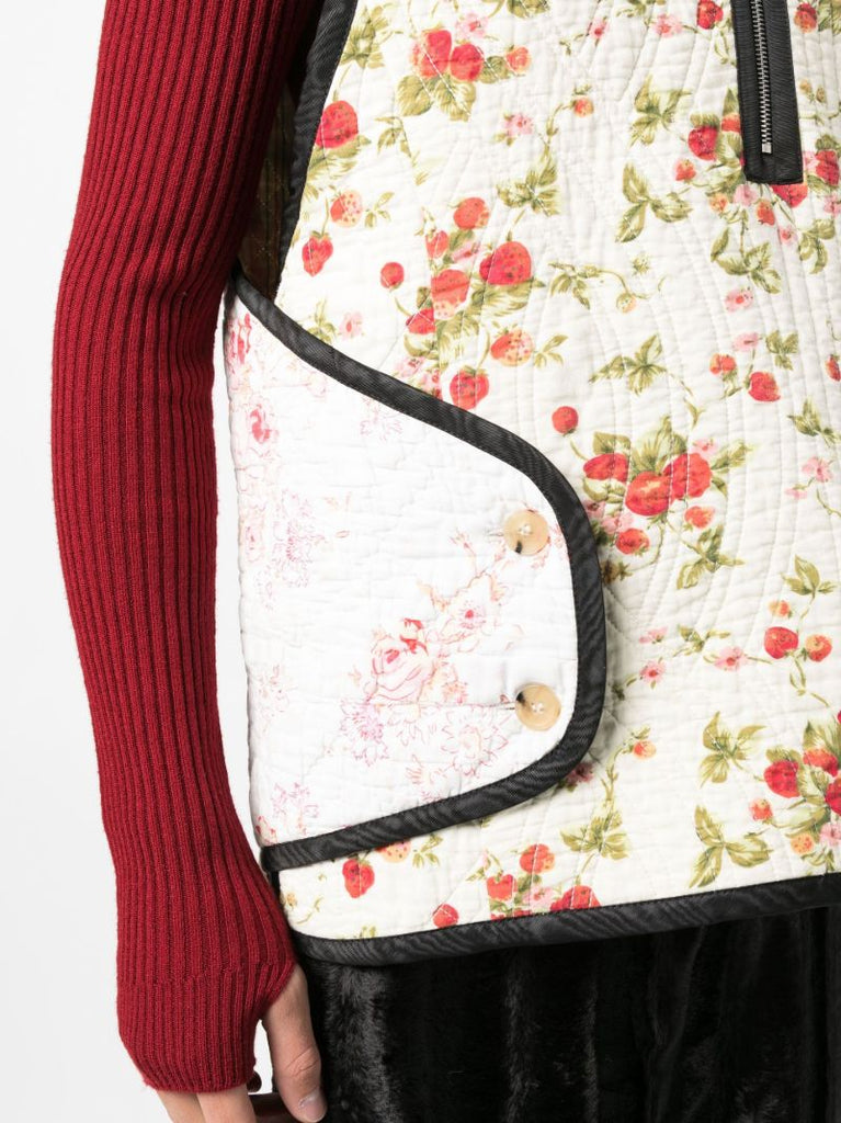 White Floral Print Quilted Vest