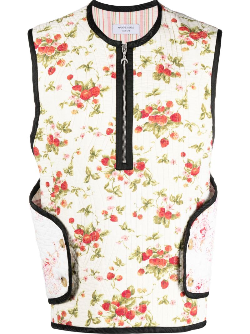 White Floral Print Quilted Vest