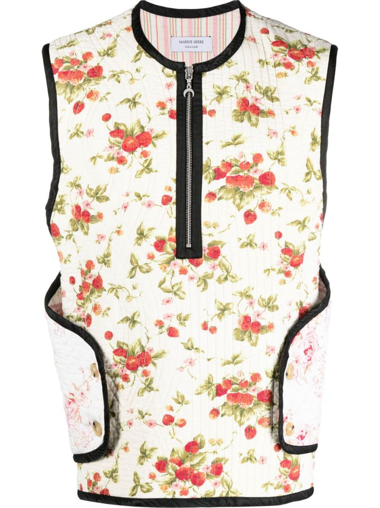 White Floral Print Quilted Vest
