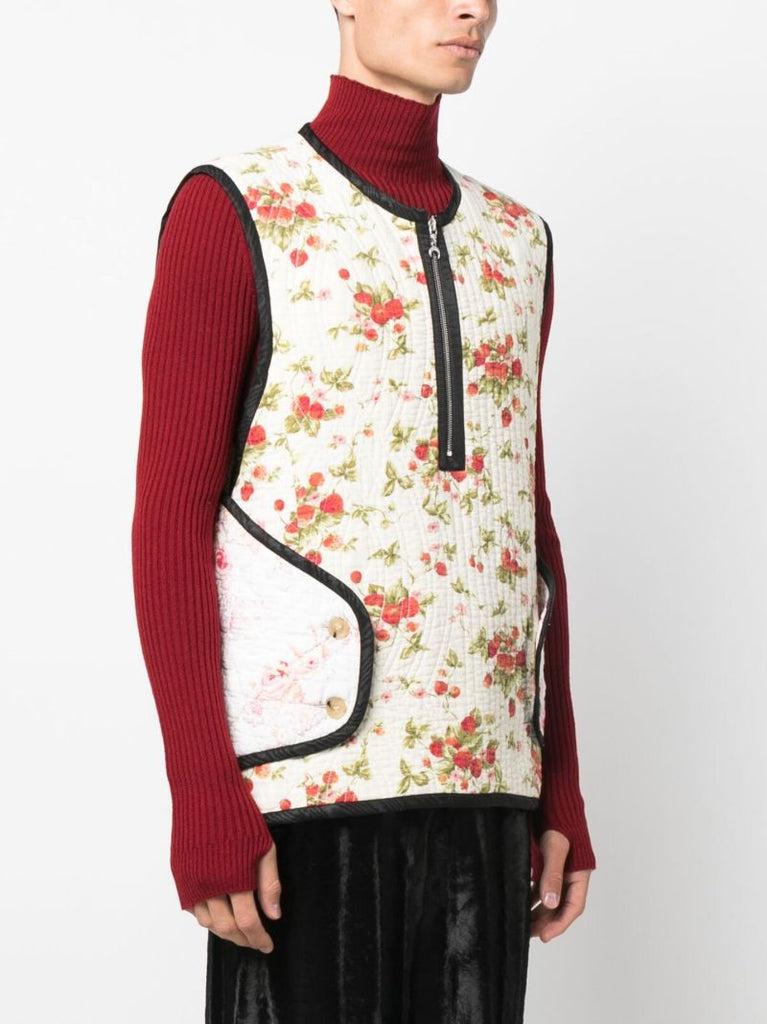 White Floral Print Quilted Vest