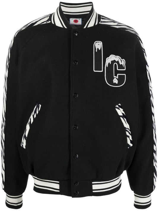 Black Zebra Print Varsity Bomber Jacket