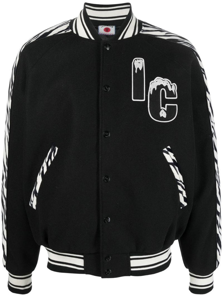 Black Zebra Print Varsity Bomber Jacket