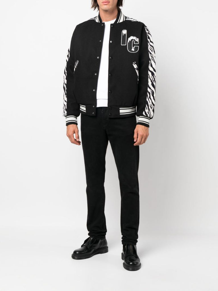 Black Zebra Print Varsity Bomber Jacket