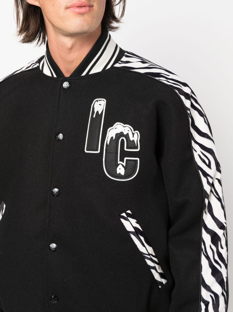 Black Zebra Print Varsity Bomber Jacket