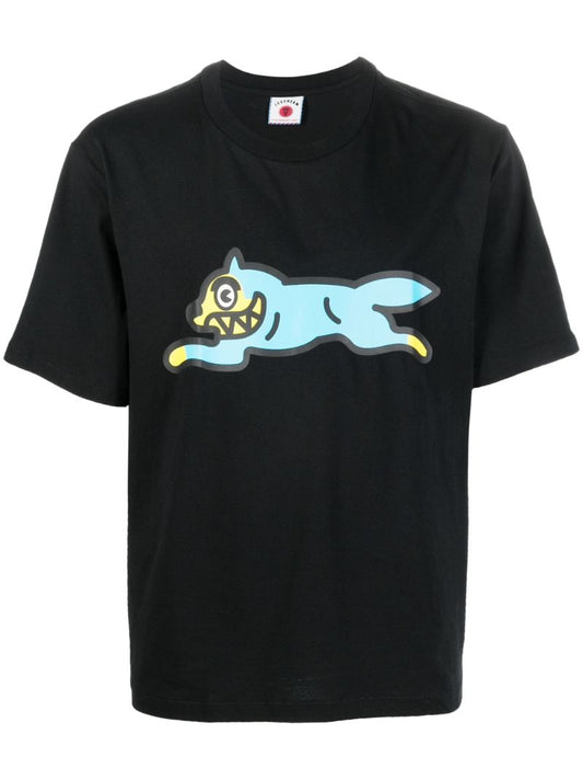 Black Running Dog Print Cotton T-shirt