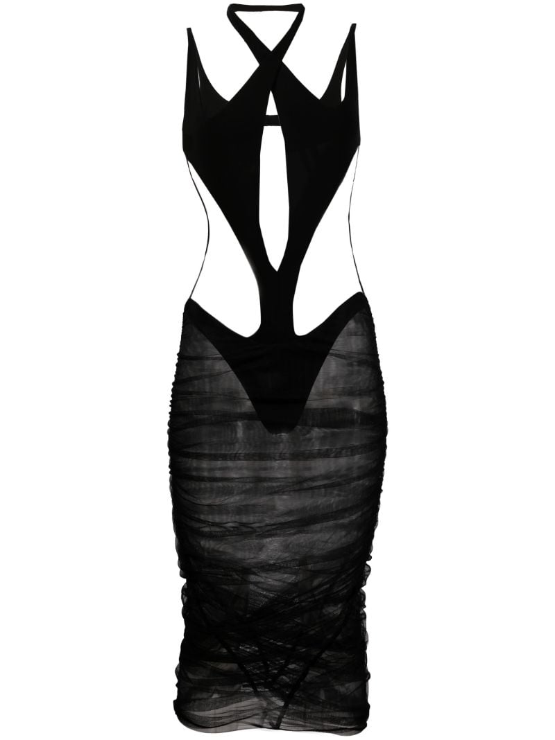Black Sheer Panel Cutout Detail Midi Dress
