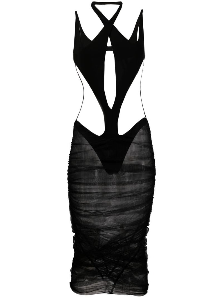 Black Sheer Panel Cutout Detail Midi Dress