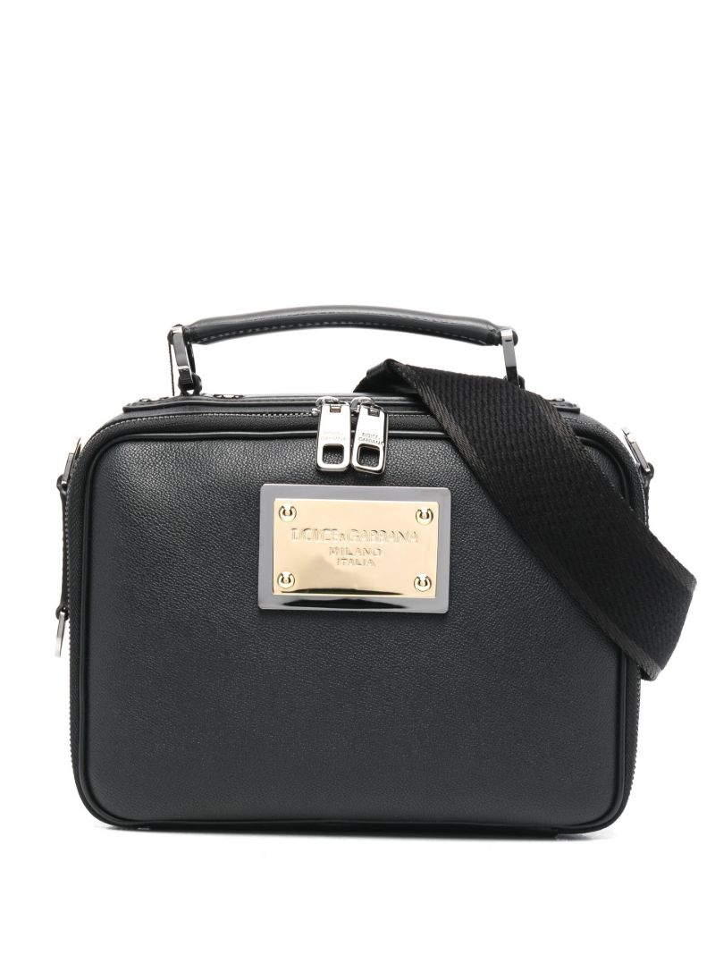 Black Logo Plaque Leather Tote Bag