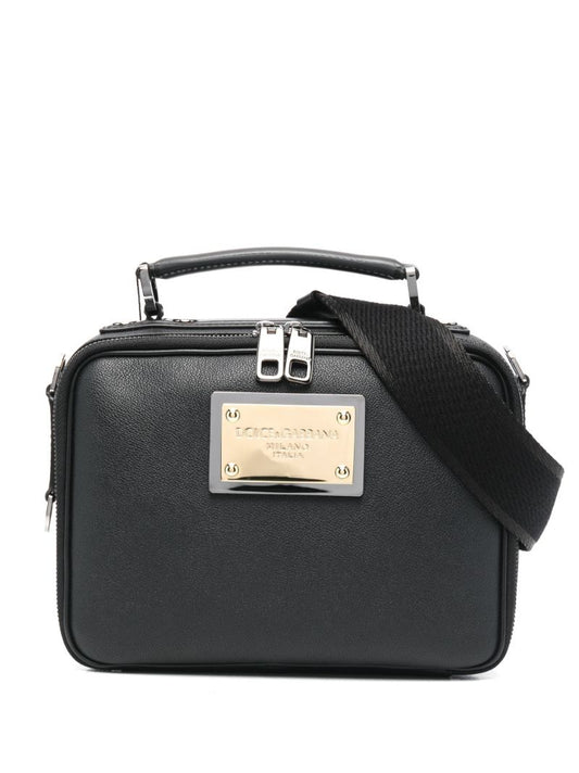 Black Logo Plaque Leather Tote Bag