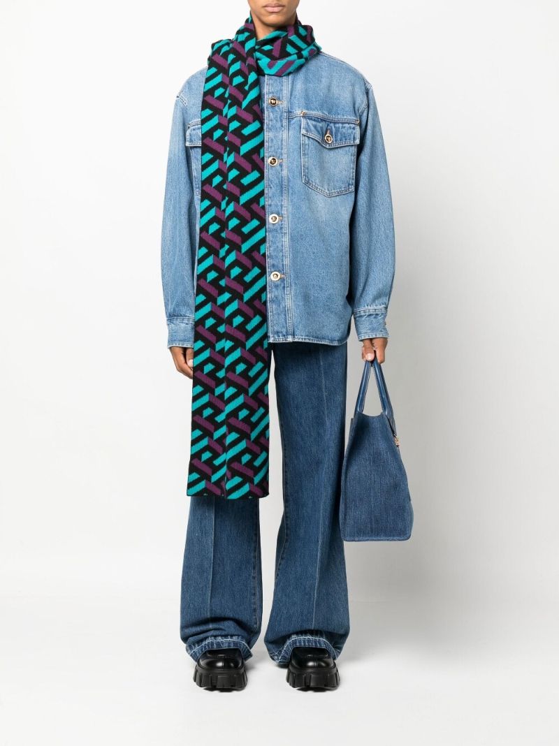 Blue La Greca Printed Wool Scarf