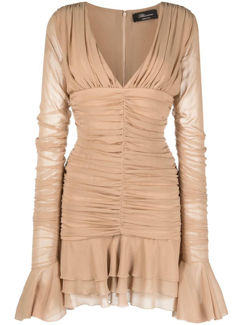 Neutral Ruched Silk Mini Dress