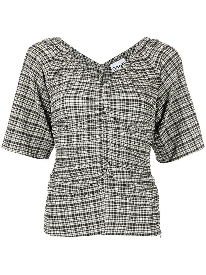 Black and White Check Print V-neck Top