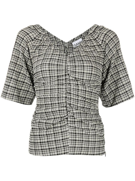Black and White Check Print V-neck Top