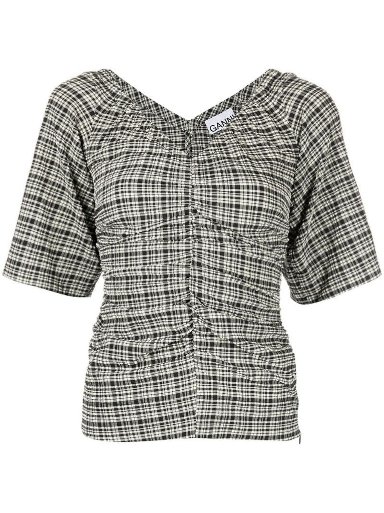Black and White Check Print V-neck Top