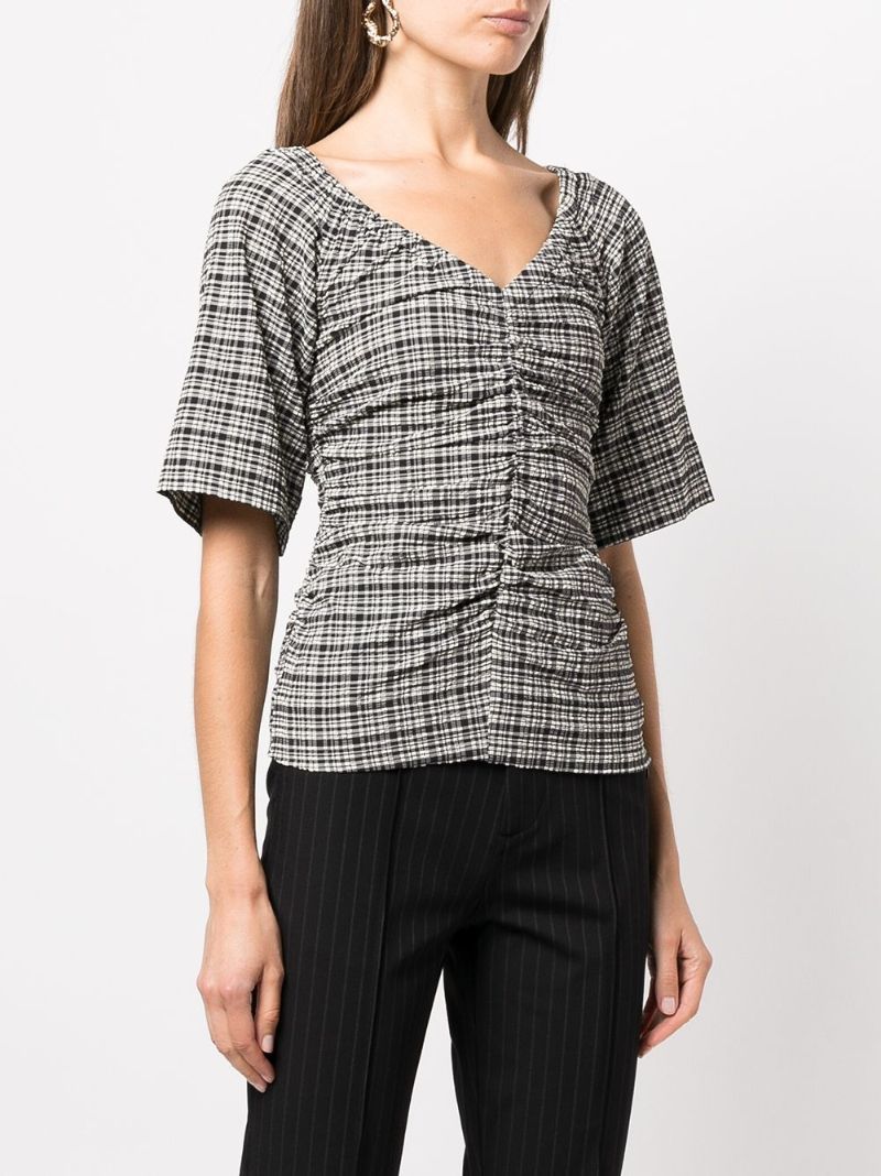 Black and White Check Print V-neck Top