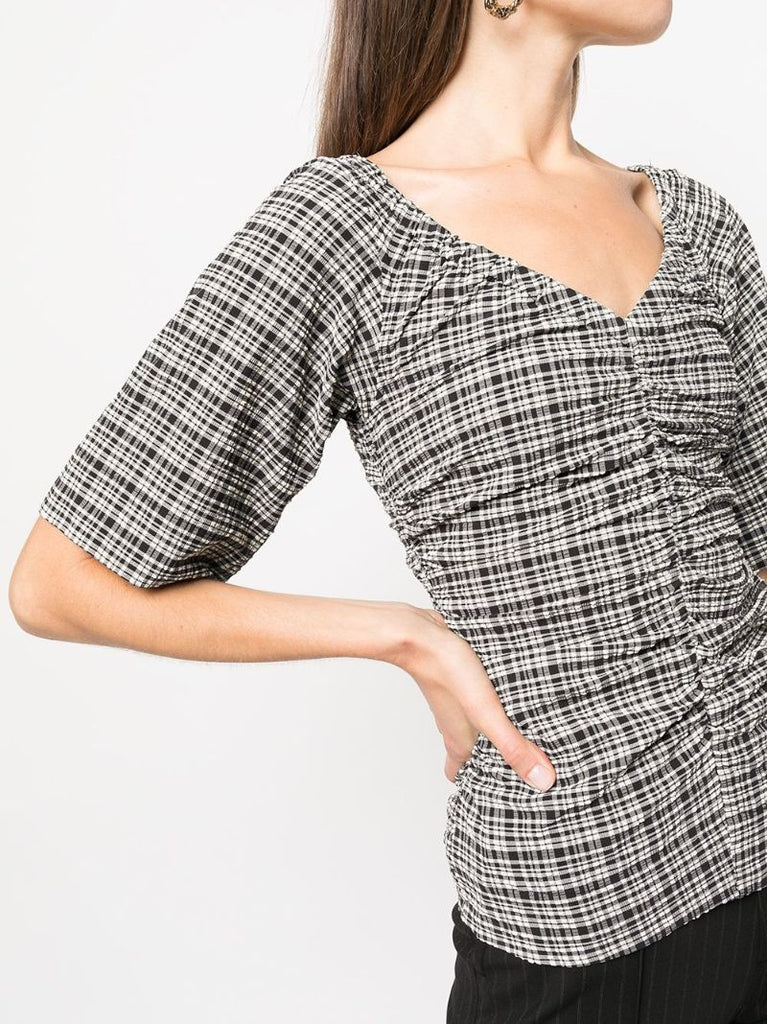 Black and White Check Print V-neck Top