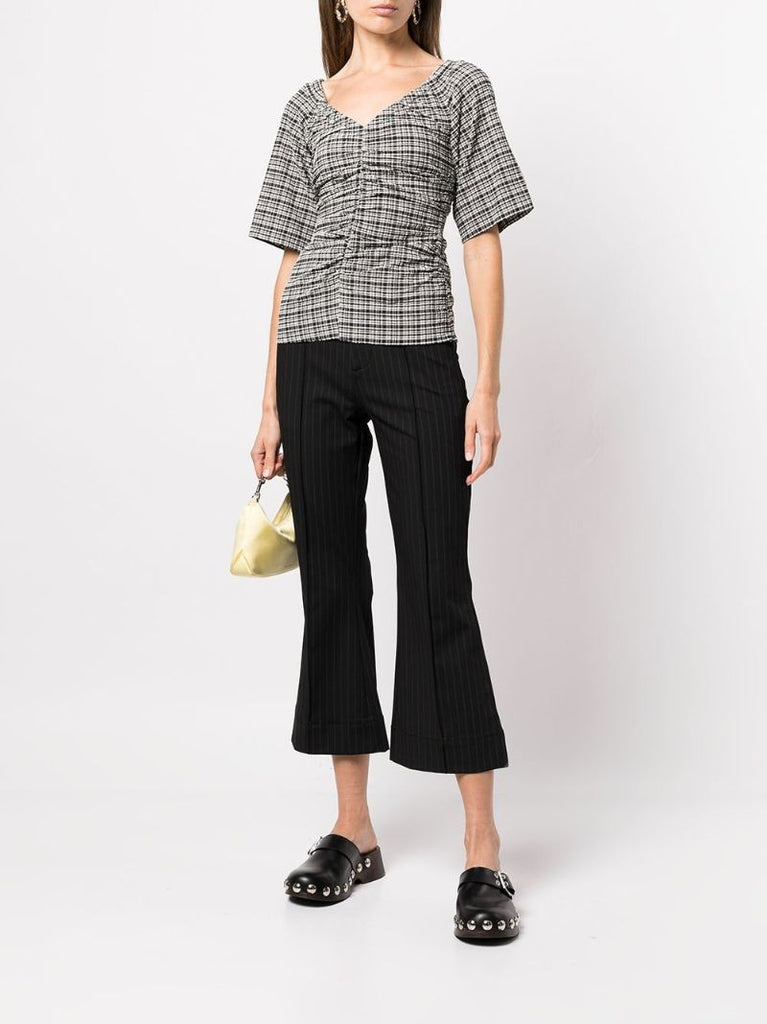 Black and White Check Print V-neck Top