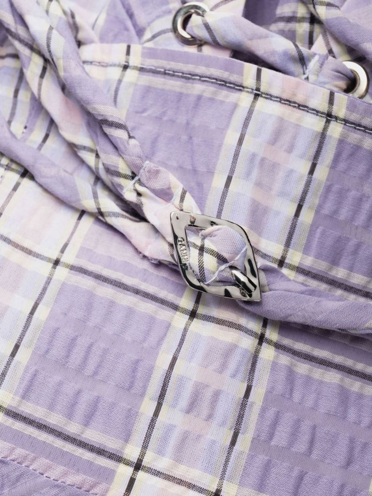 Purple Sweetheart Neck Checked Seersucker Midi Dress