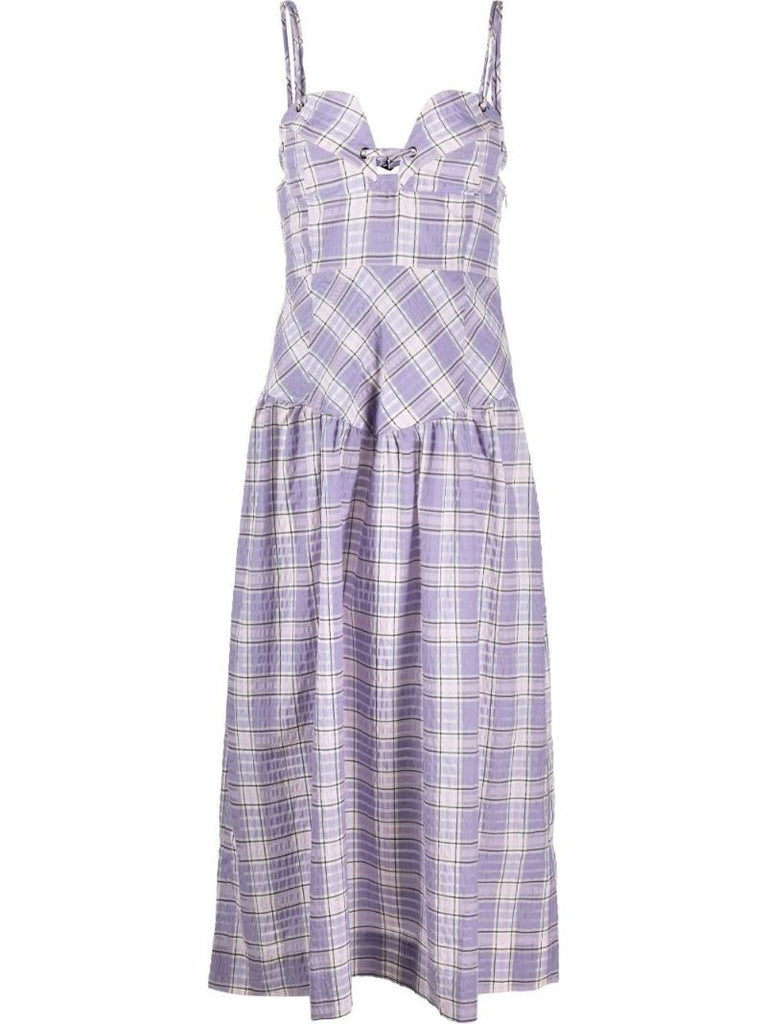 Purple Sweetheart Neck Checked Seersucker Midi Dress