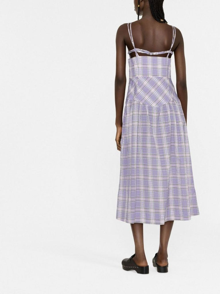Purple Sweetheart Neck Checked Seersucker Midi Dress
