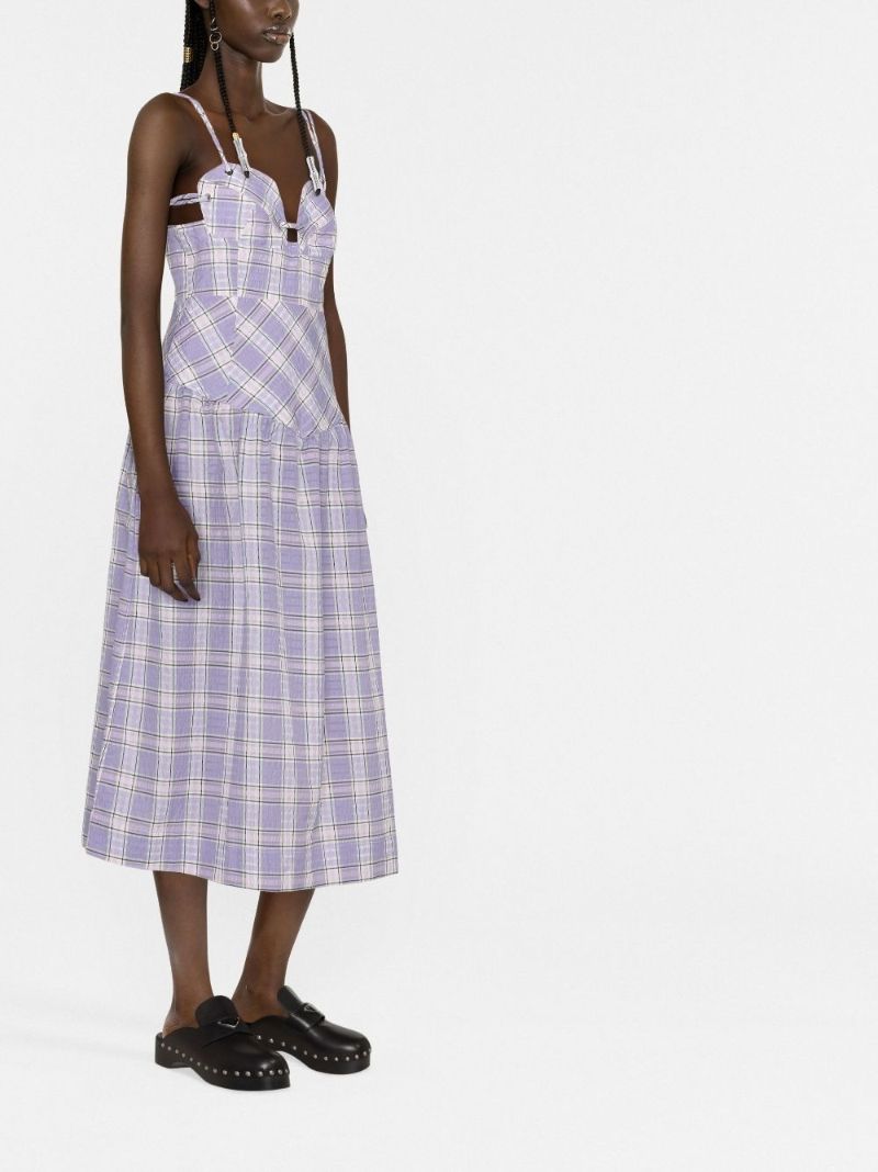 Purple Sweetheart Neck Checked Seersucker Midi Dress